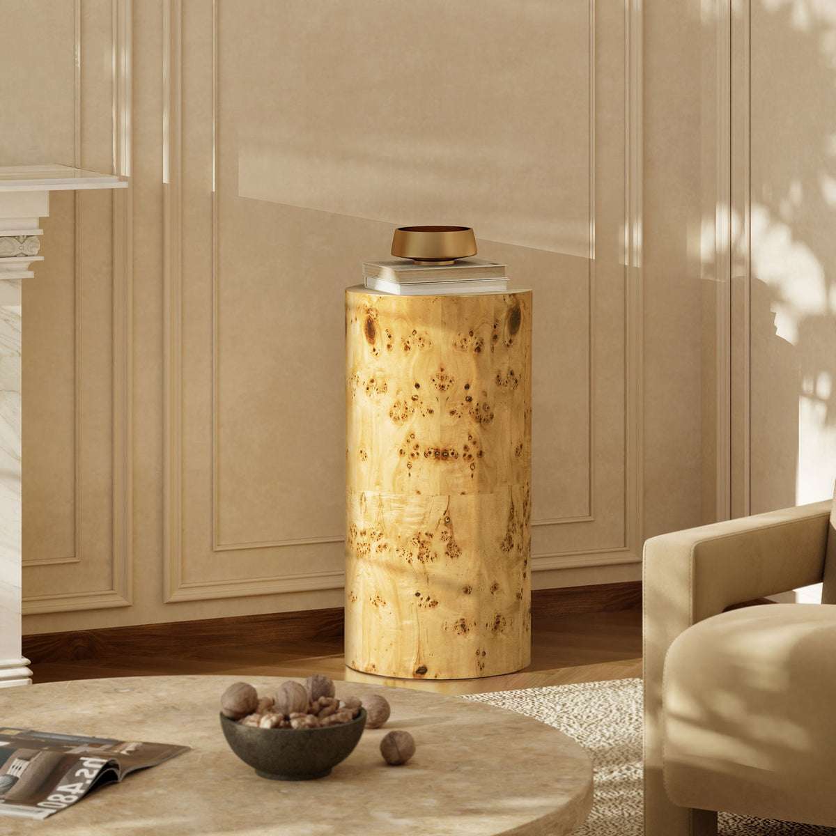 Nebula Accent Pillar Side Table with Burl Wood Veneer - Light or Dark Brown, photo 27 of 28