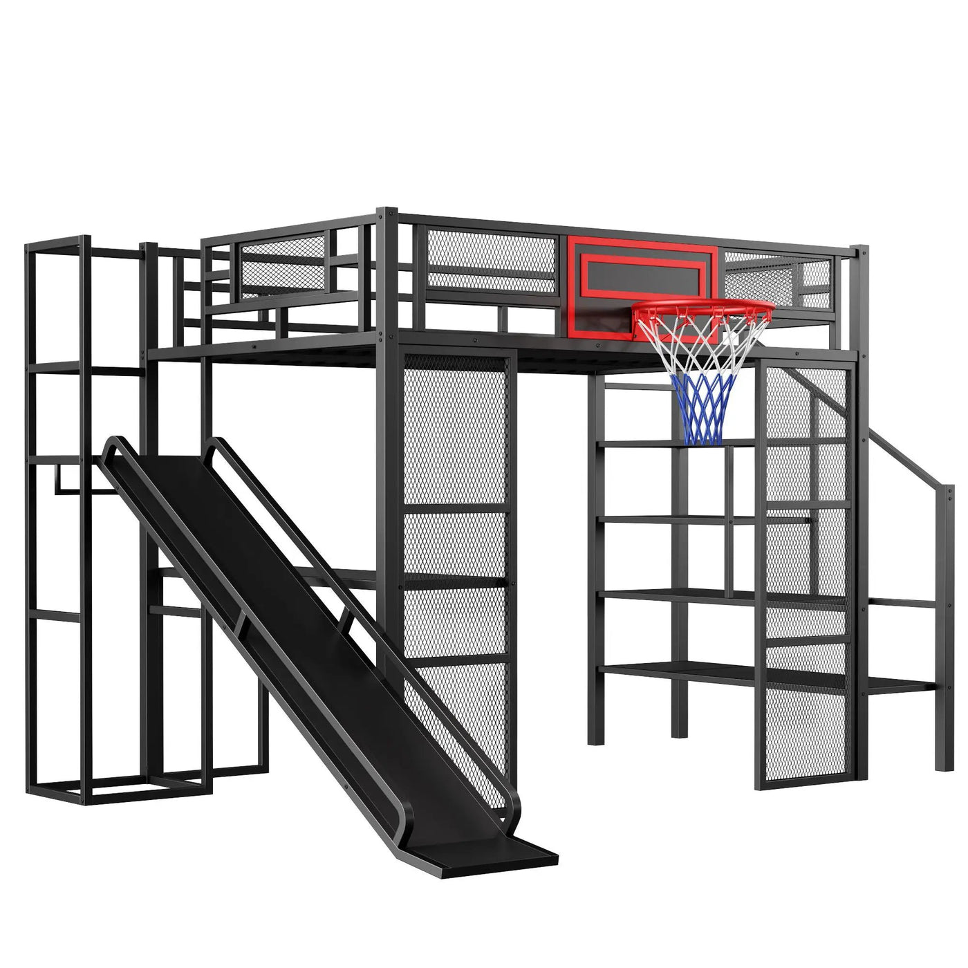 Loft Bed With Built In Desk, Open Wardrobe, Basketball Hoop, Slide And Staircase by HouseOfZazla