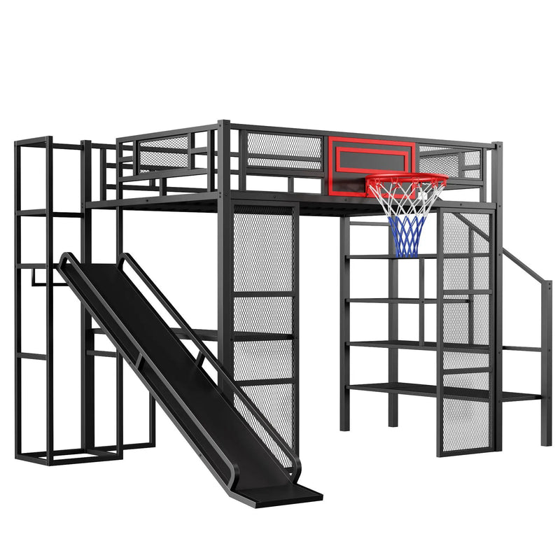 Loft Bed With Built In Desk, Open Wardrobe, Basketball Hoop, Slide And Staircase by HouseOfZazla