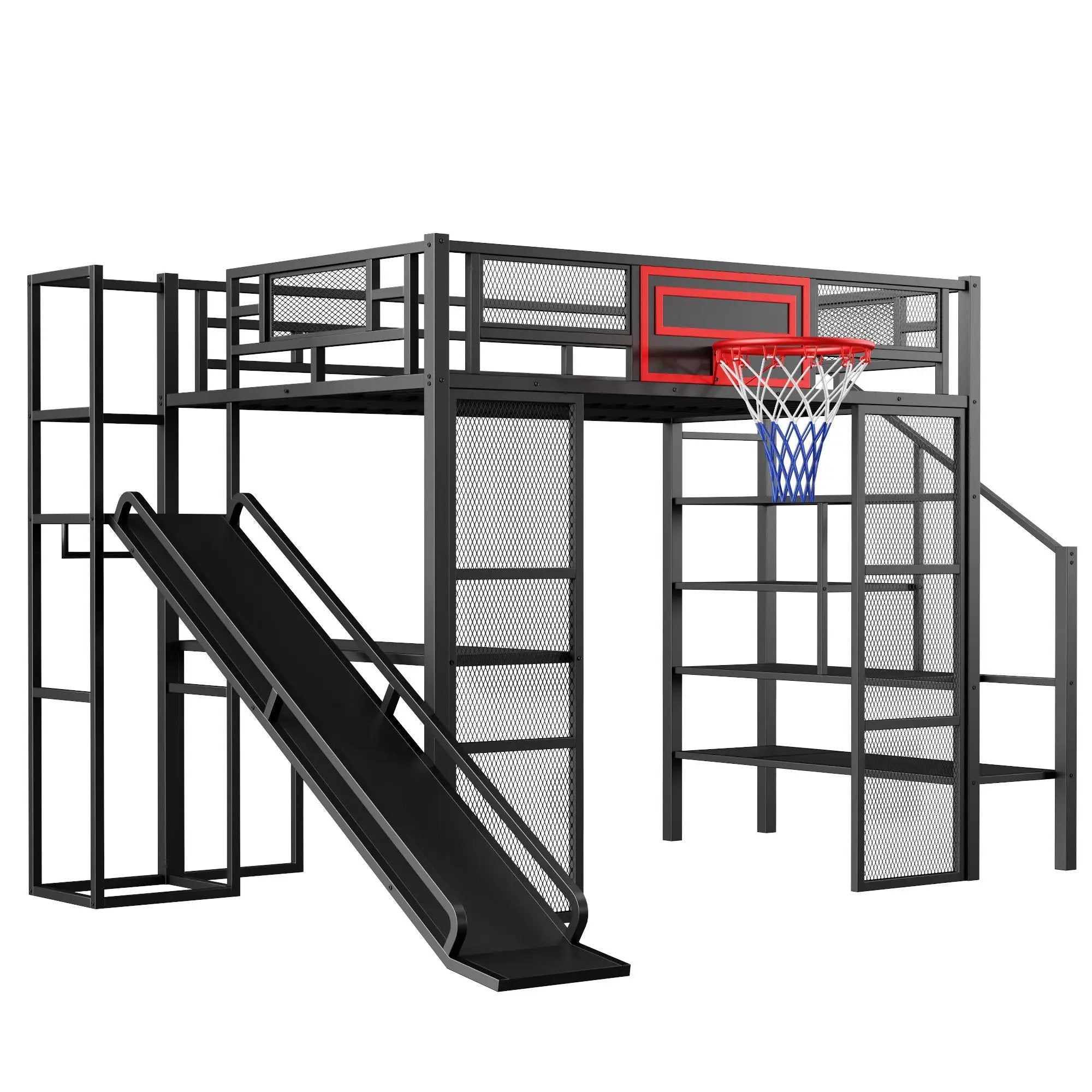 Loft Bed With Built In Desk, Open Wardrobe, Basketball Hoop, Slide And Staircase by Unique Piece Furniture