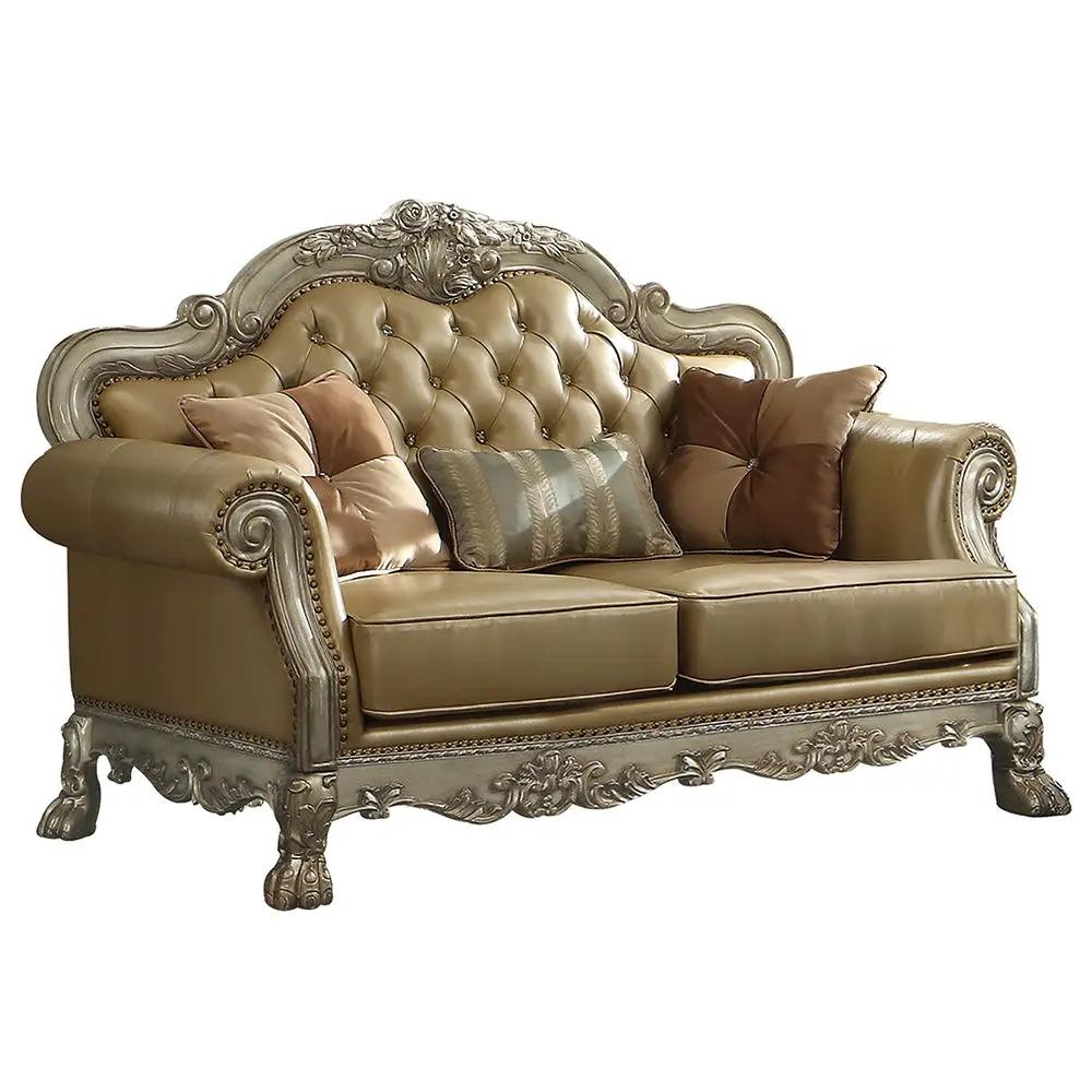 Dresden - Loveseat With 3 Pillows - Bone Synthetic Leather & Gold Patina by Unique Piece Furniture
