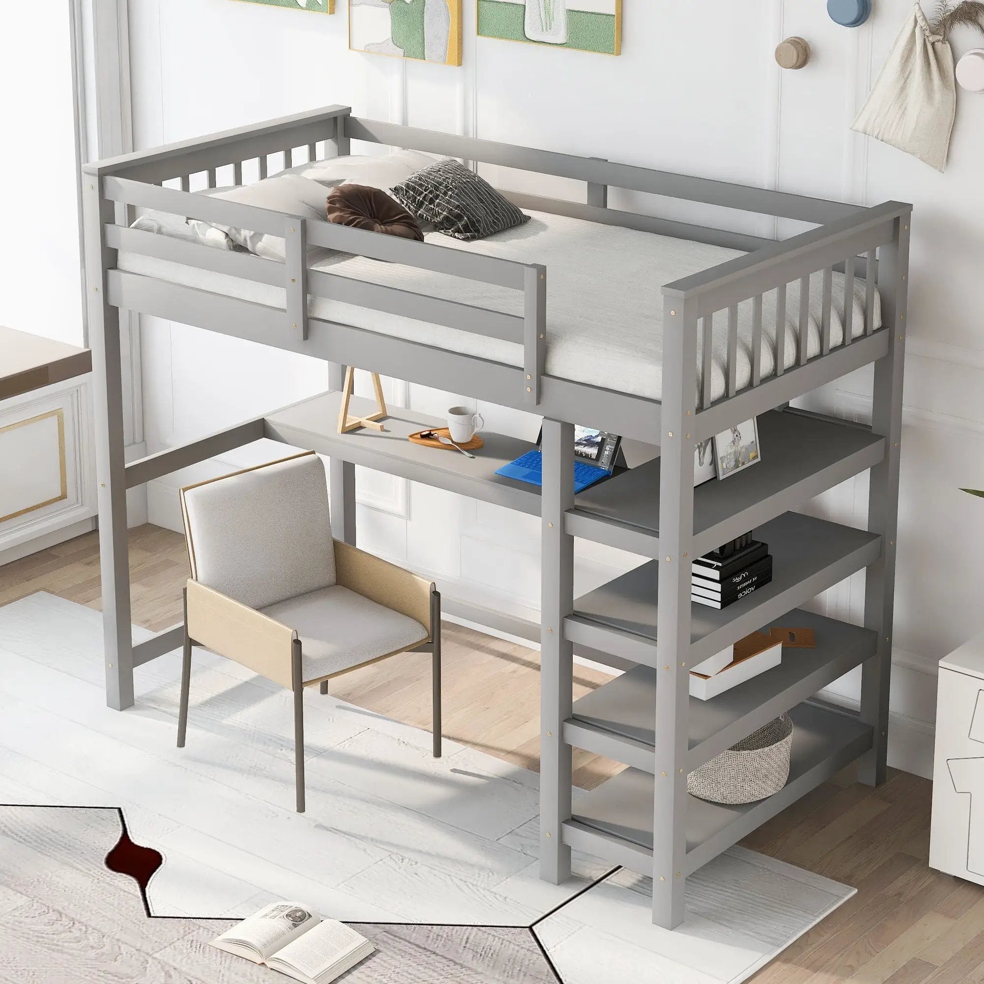 Loft Bed With Storage Shelves And Under Bed Desk