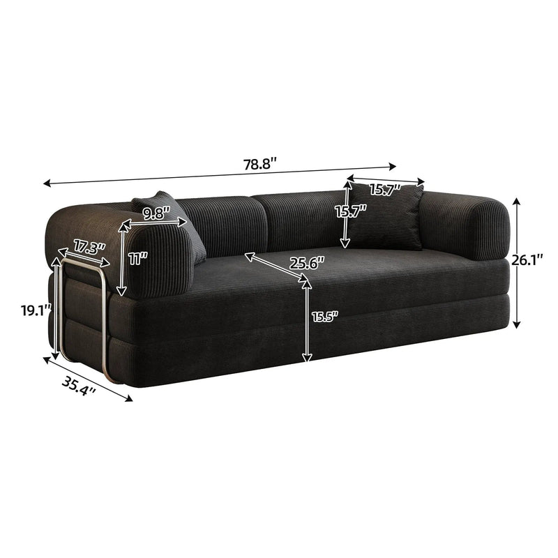 78.8' Compression Sofa,Convertible Floor Sofa Bed-with Pillow Back Support Armrest,Comfy Futon Couch Sleeper Bed,Loveseats Boneless Modular Sectional Sofa,Corduroy fabric,for Living Room,Bedroom,Black by HouseOfZazla