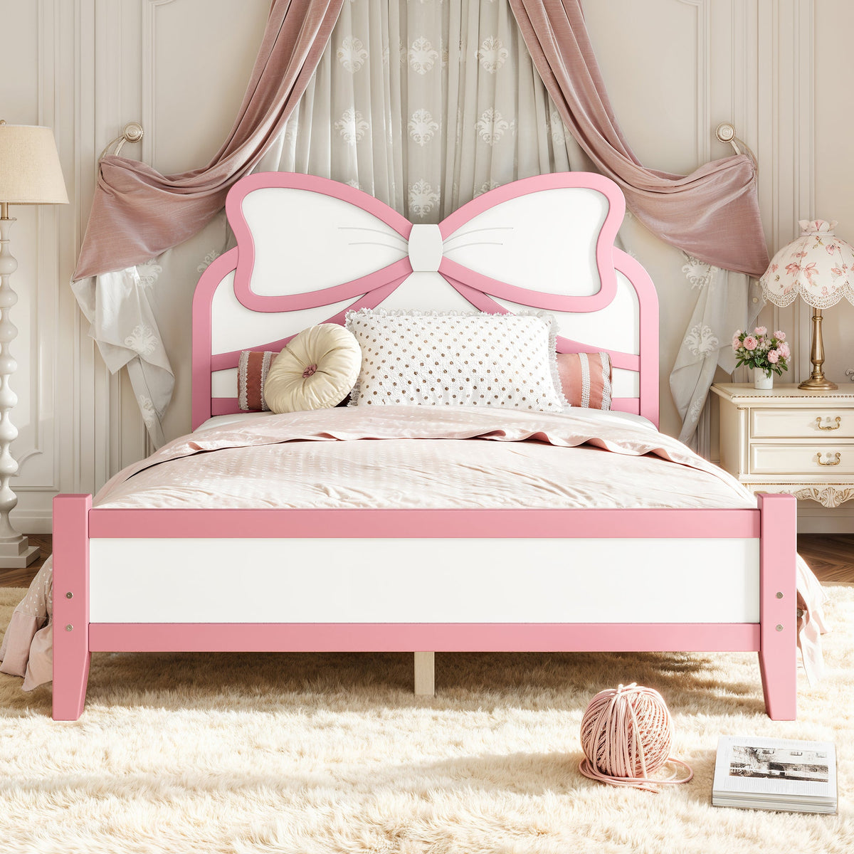 Full Size Wooden Platform Bed with Bow Headboard, Solid Wood Bed Frame with Slatted Support, Low Profile Platform Bed for Kid Teens Girls, No Box Spring Needed,Beige&Natural, photo 2 of 10