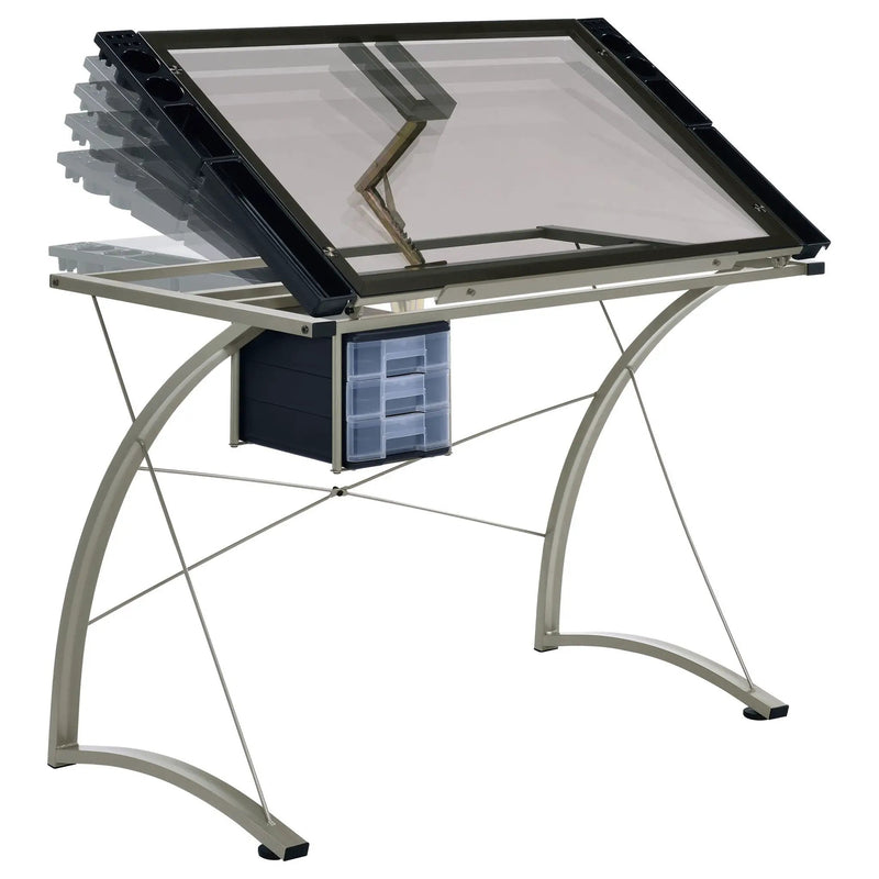 Melo 41-inch Glass Top Drafting Table with Storage Silver by Unique Piece Furniture