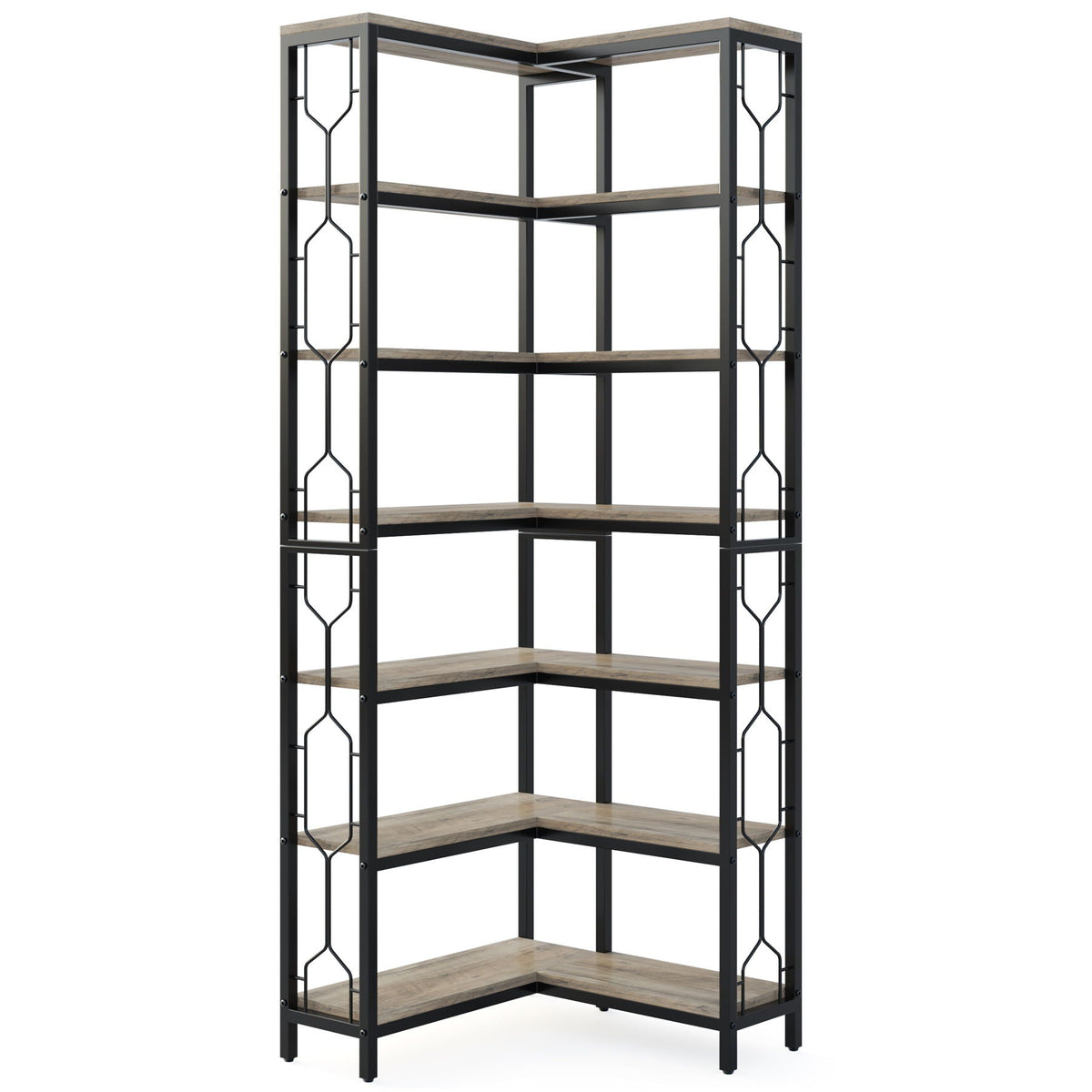 7 Tier Corner Bookshelf with Hexagonal Design - Dark Brown, White, Dark Gray, photo 3 of 12