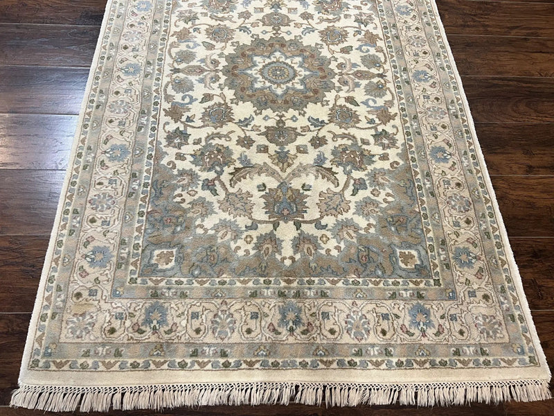 Indo Persian Rug 4x6, Floral Medallion, Beige, Handmade Wool Vintage Carpet 4 x 6 ft by Jewel Rugs