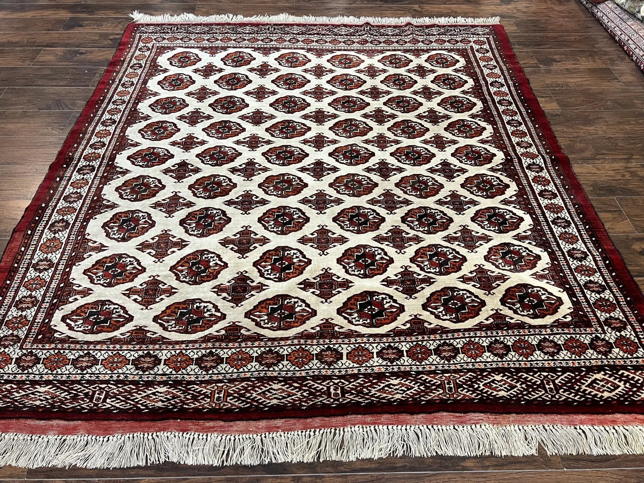 Persian Turkoman Rug 7x8, Almost Square Rare, Hand Knotted, Yamud, Bohemian Rug, Handmade Tribal Rug, Cream Red, Handmade Oriental Carpet by Jewel Rugs