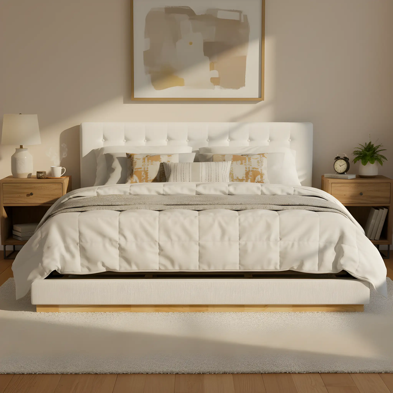 Solid Rubber Wood Platform Bed with Upholstered Headboard by HouseOfZazla