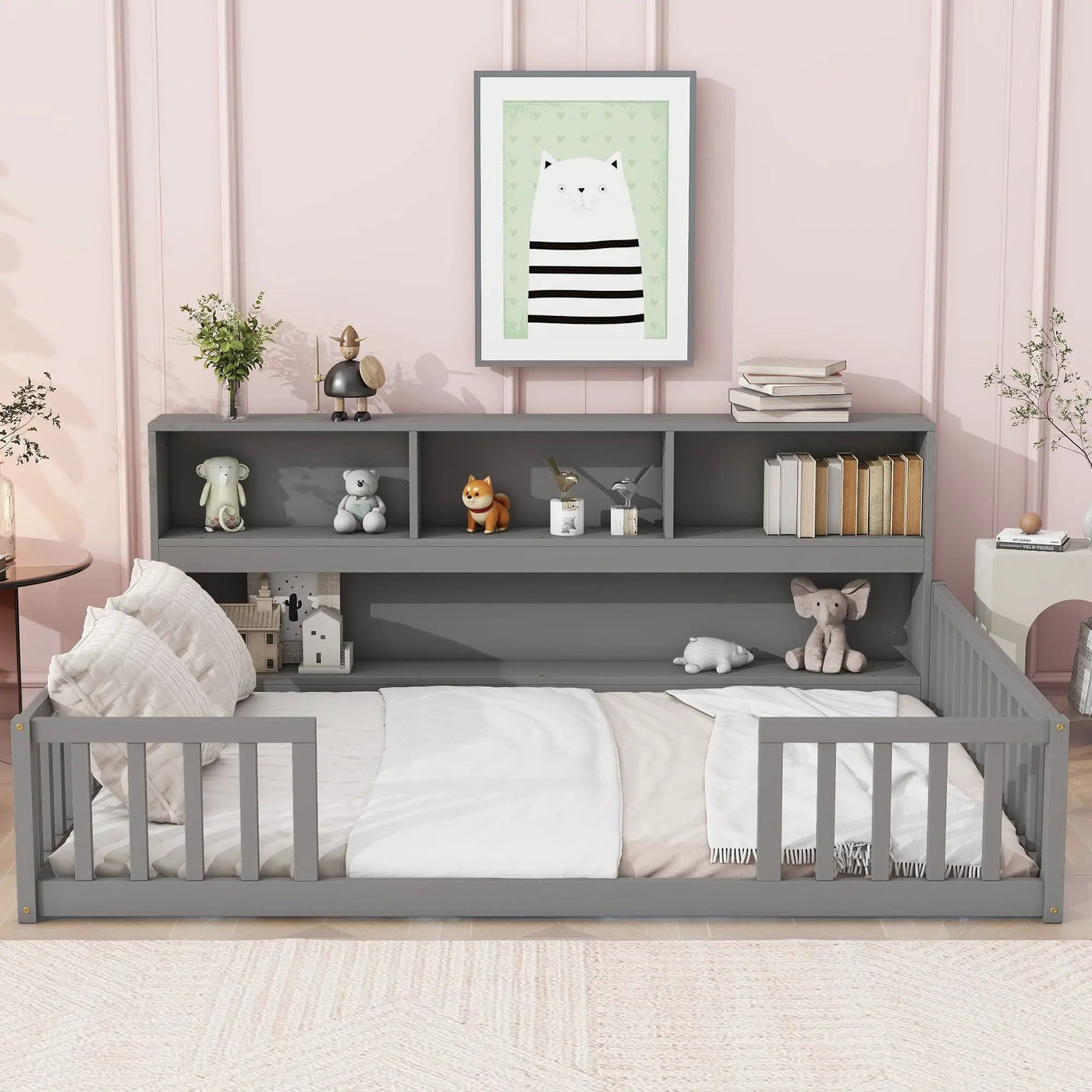Floor Bed With Side Bookcase, Shelves, Guardrails by Unique Piece Furniture
