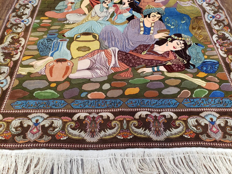 Semi Antique Persian Isfahan Pictoral Rug 4.10x6.1, Wool Handmade High Quality Decorative Carpet by Jewel Rugs