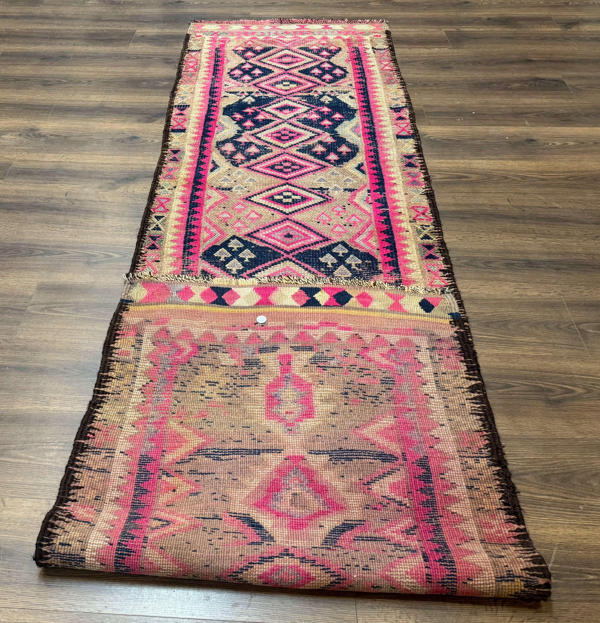 Turkish Runner Rug 3x10, Pink and Navy Blue, Bohemian Runner for Hallway or Kitchen, Vintage, Geometric, Tribal by Jewel Rugs