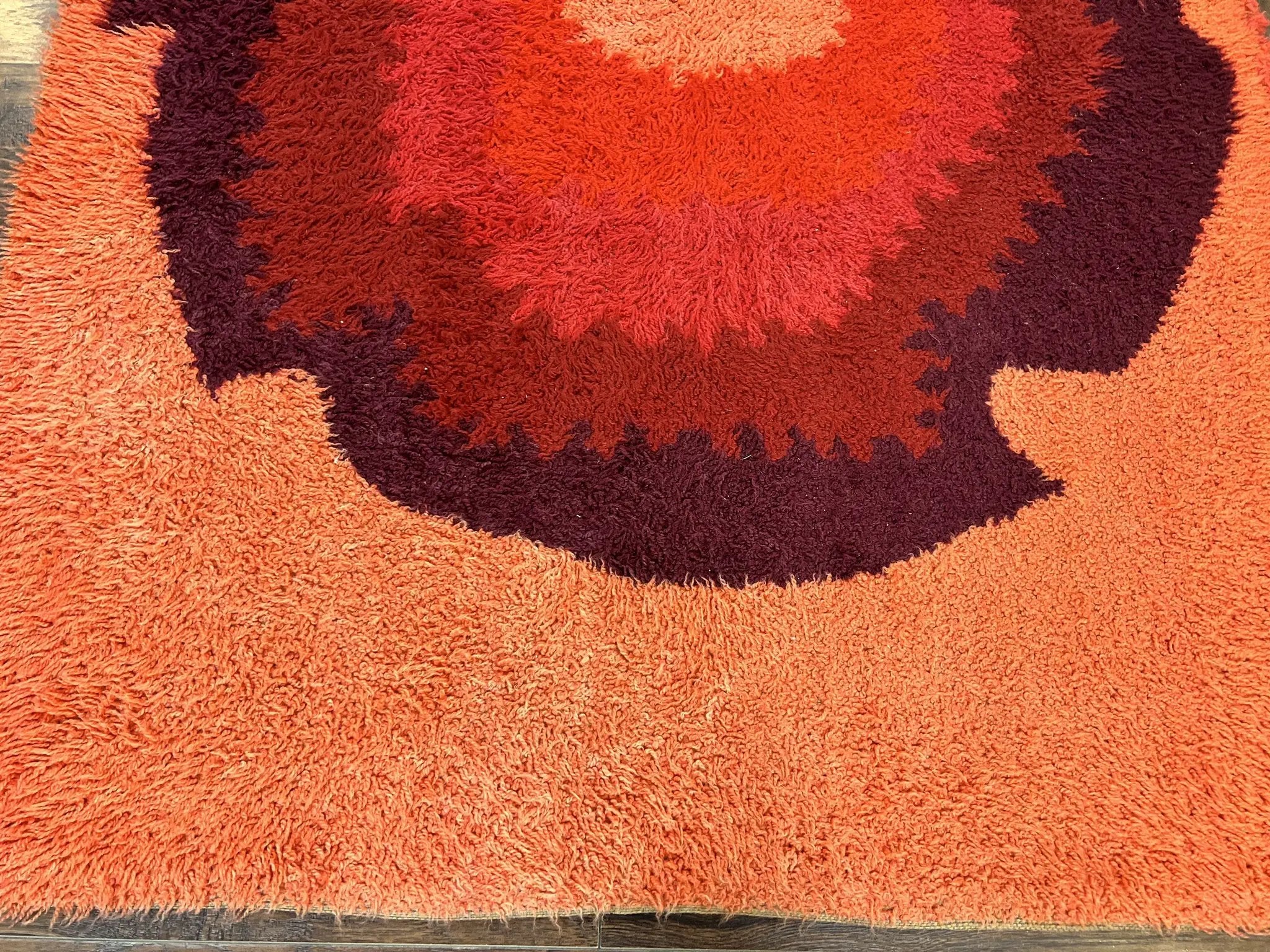 Danish Rya Shag Rug 4x6, Mid Century 1960s Retro Vintage Wool Rug, Shades of Red by Jewel Rugs