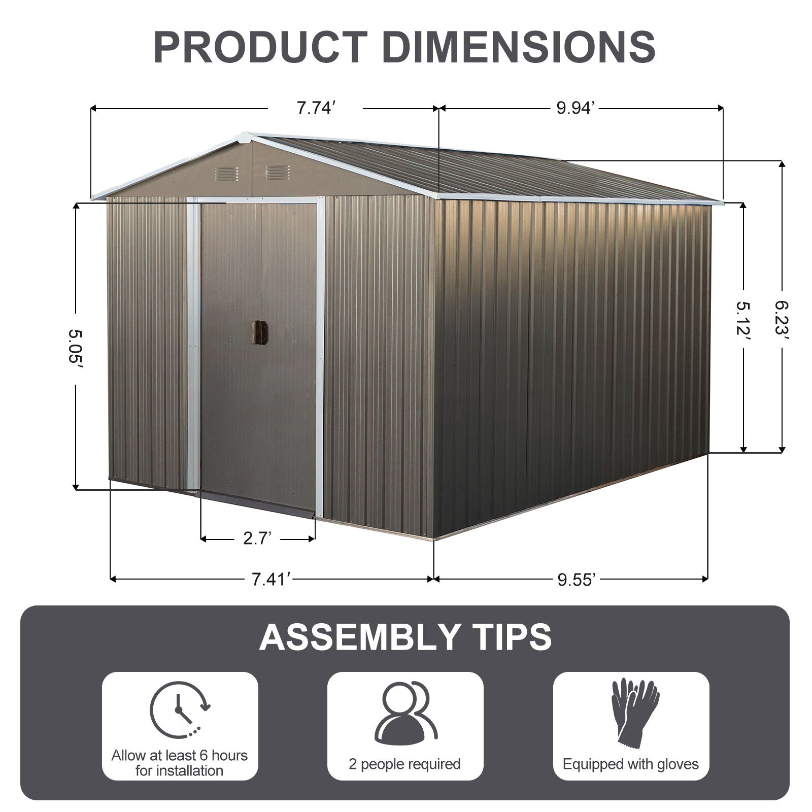 8X10Ft Outdoor Metal Storage Shed - Gray by HouseOfZazla