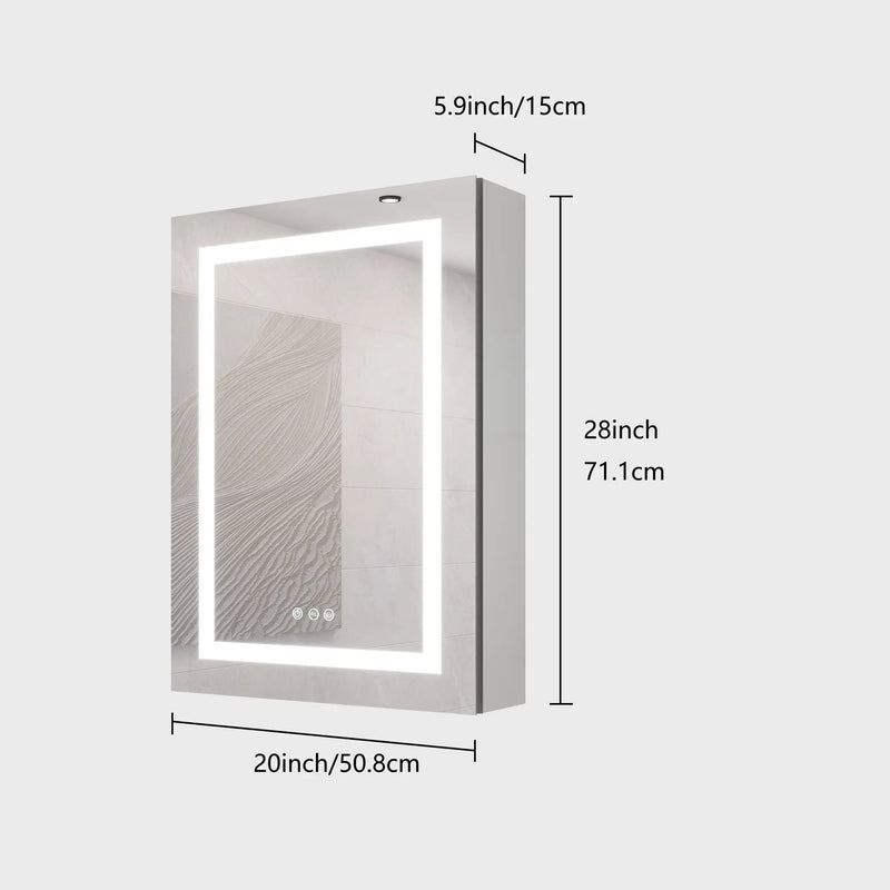 20 X 28" Bathroom Medicine Cabinet With Mirror Wall Mounted LED Bathroom Mirror Cabinet With Lights, Anti-Fog, Waterproof, Dimmable, 3000K~6000K, Single Door, Touch Swich, Storage Shelves - Silver by HouseOfZazla