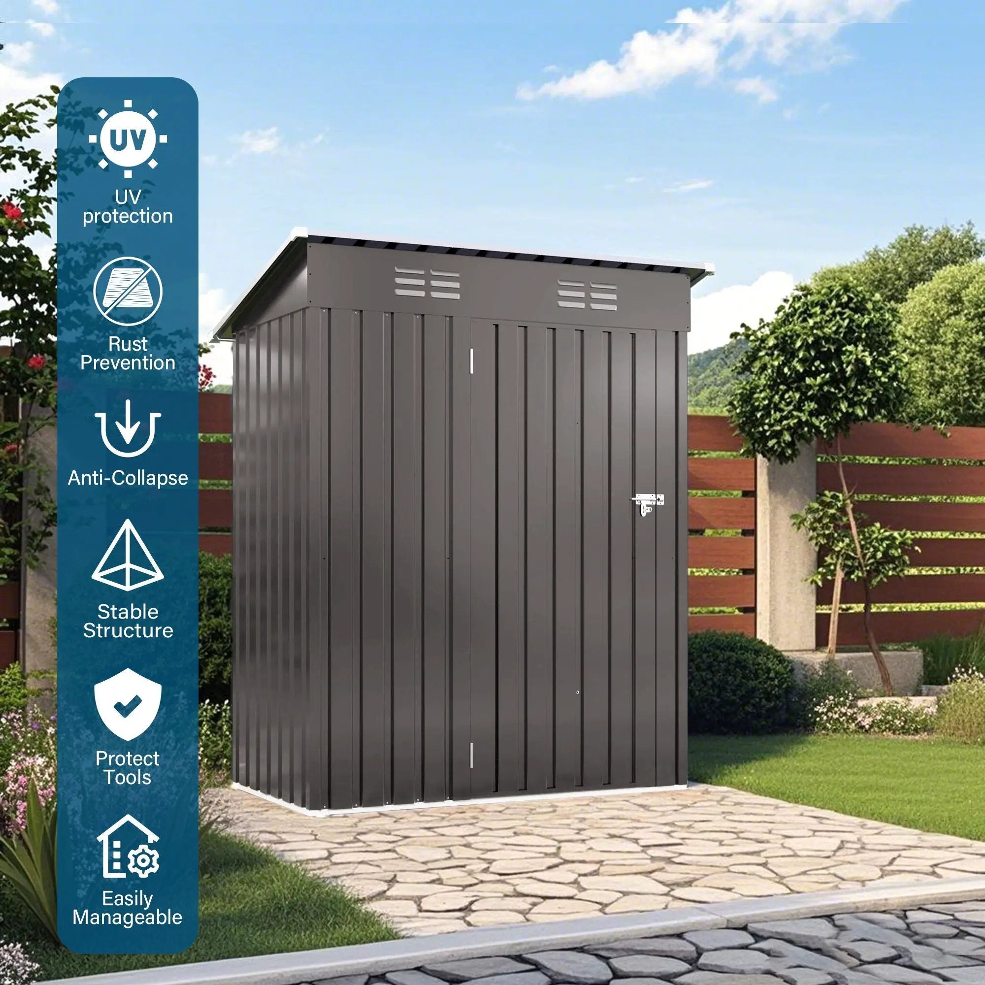5 X 3 Ft Durable Metal Shed Outdoor Storage Shed With Pitched Roof And Lockable Door - Gray by HouseOfZazla