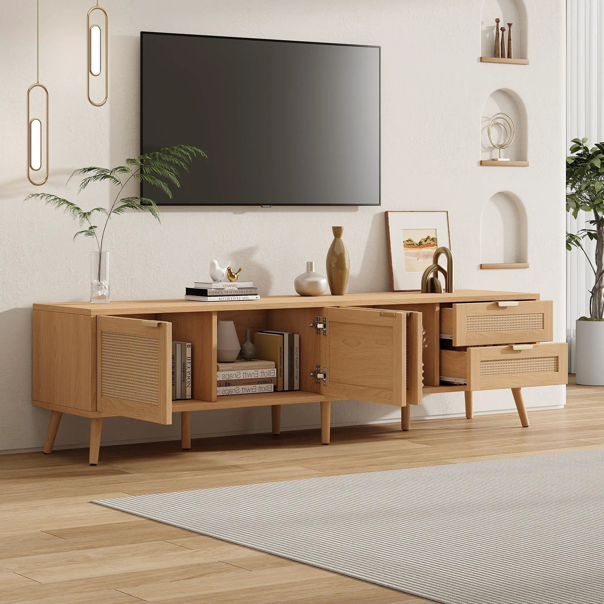 TV Stand, Media Console, 2 Drawers & Cable Management - Natural Wood by Unique Piece Furniture