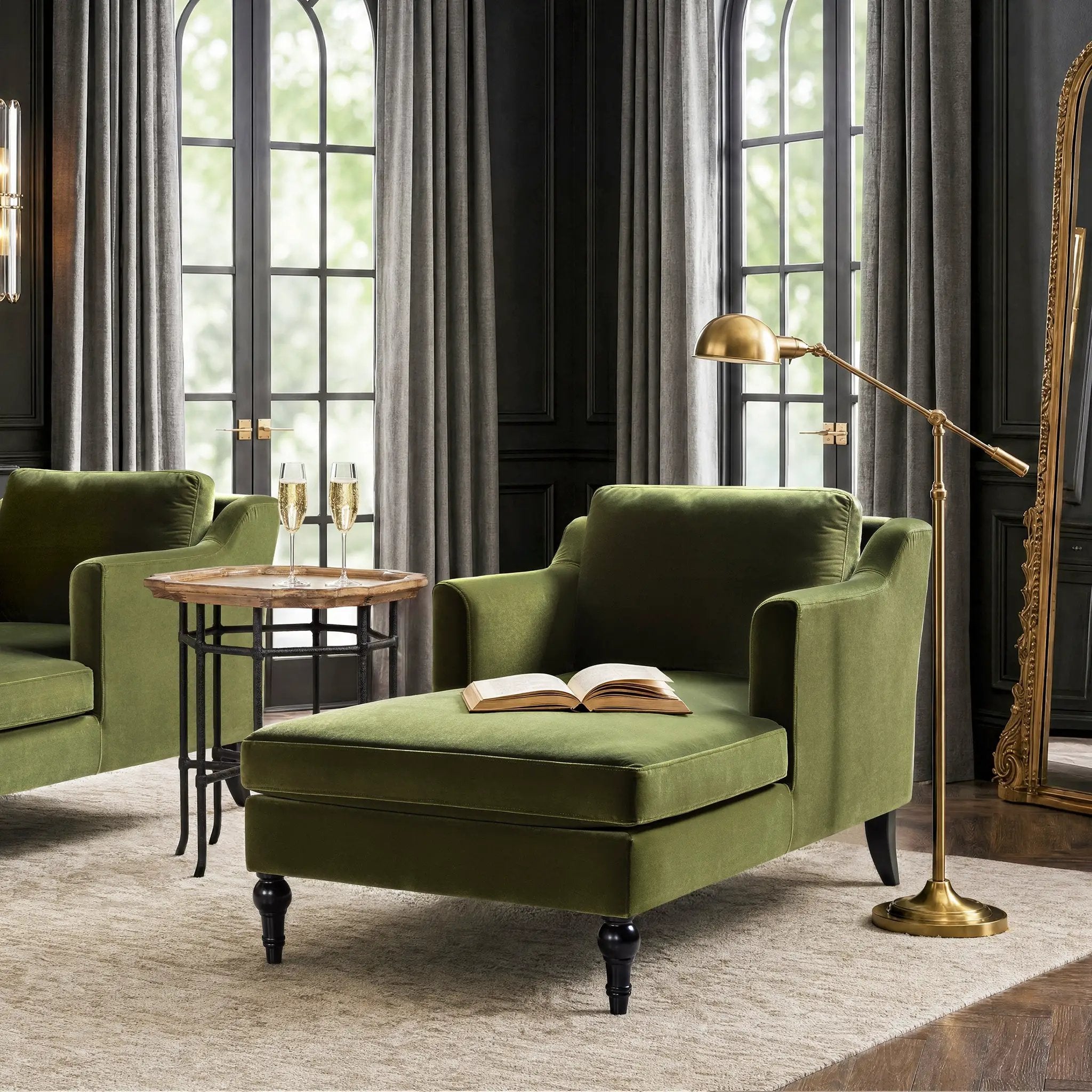 Josephine 60" Upholstered Chaise Lounge in Olive by HouseOfZazla