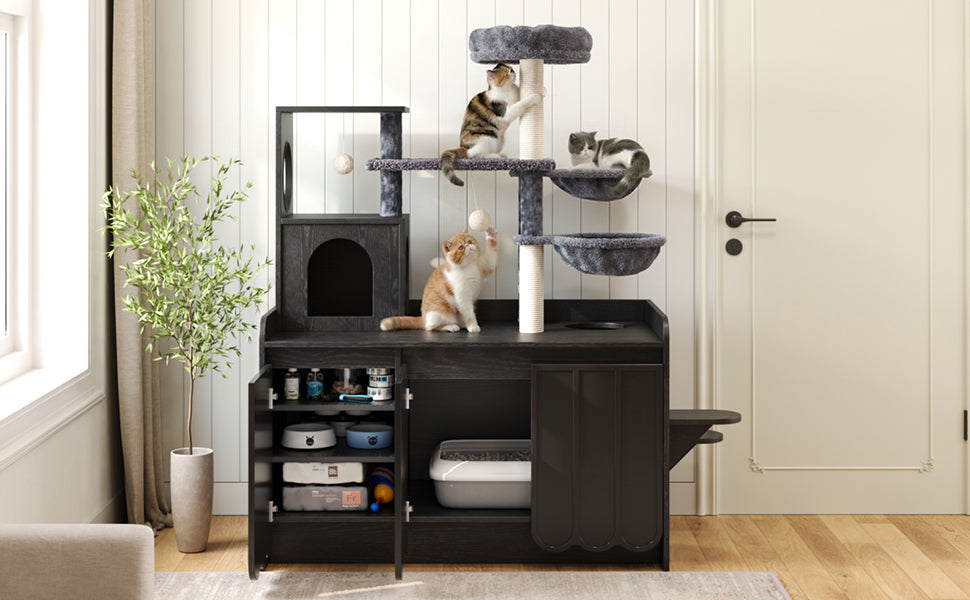50.6" Cat Tree with Litter Box Enclosure and Sisal Scratching Post by HouseOfZazla