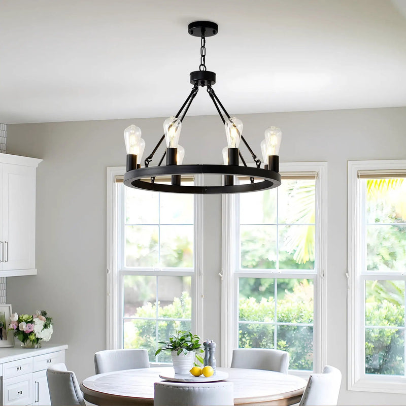 6 Light (No Bulbs) Wagon Wheel Chandelier Farmhouse Modern Small Round Chandelier For Living Room Kitchen Island Foyer Hallway Entryway Bedroom Dining Room Light Fixture Ceiling Hanging - Matte Black by Unique Piece Furniture