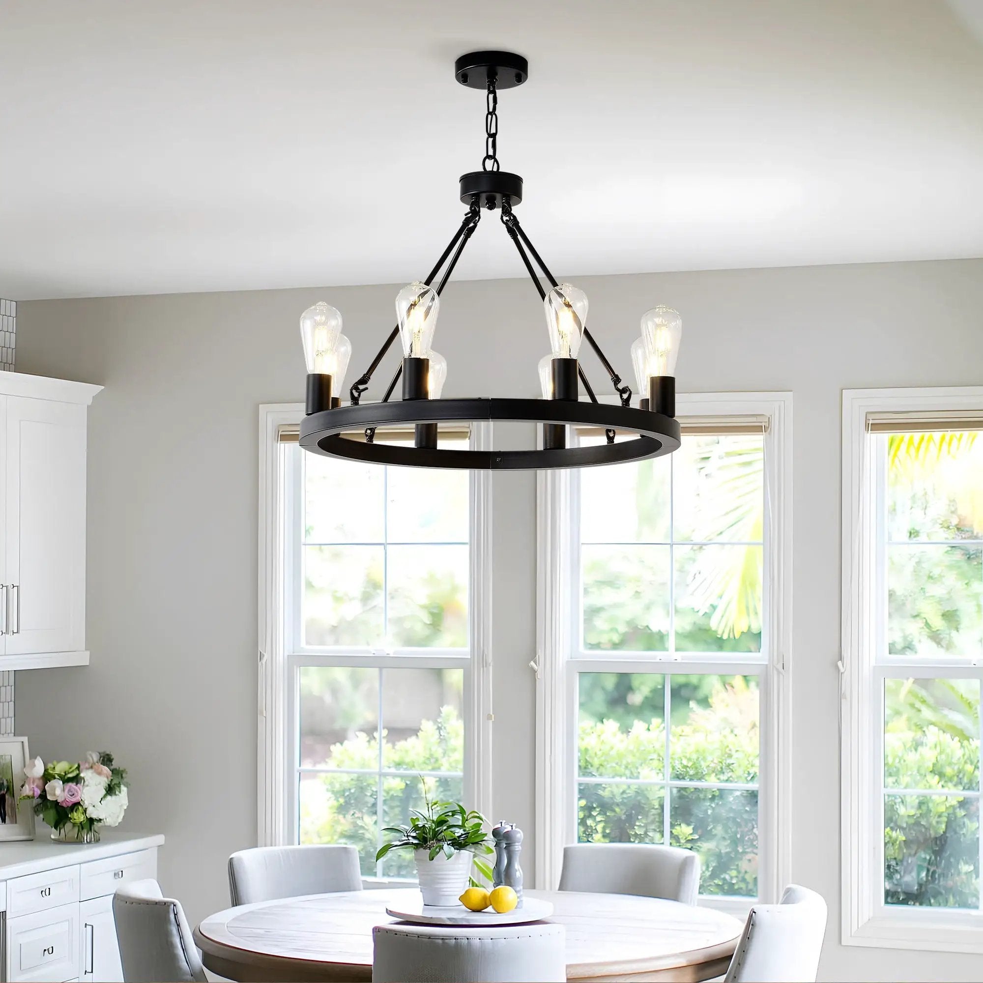 6 Light (No Bulbs) Wagon Wheel Chandelier Farmhouse Modern Small Round Chandelier For Living Room Kitchen Island Foyer Hallway Entryway Bedroom Dining Room Light Fixture Ceiling Hanging - Matte Black by HouseOfZazla