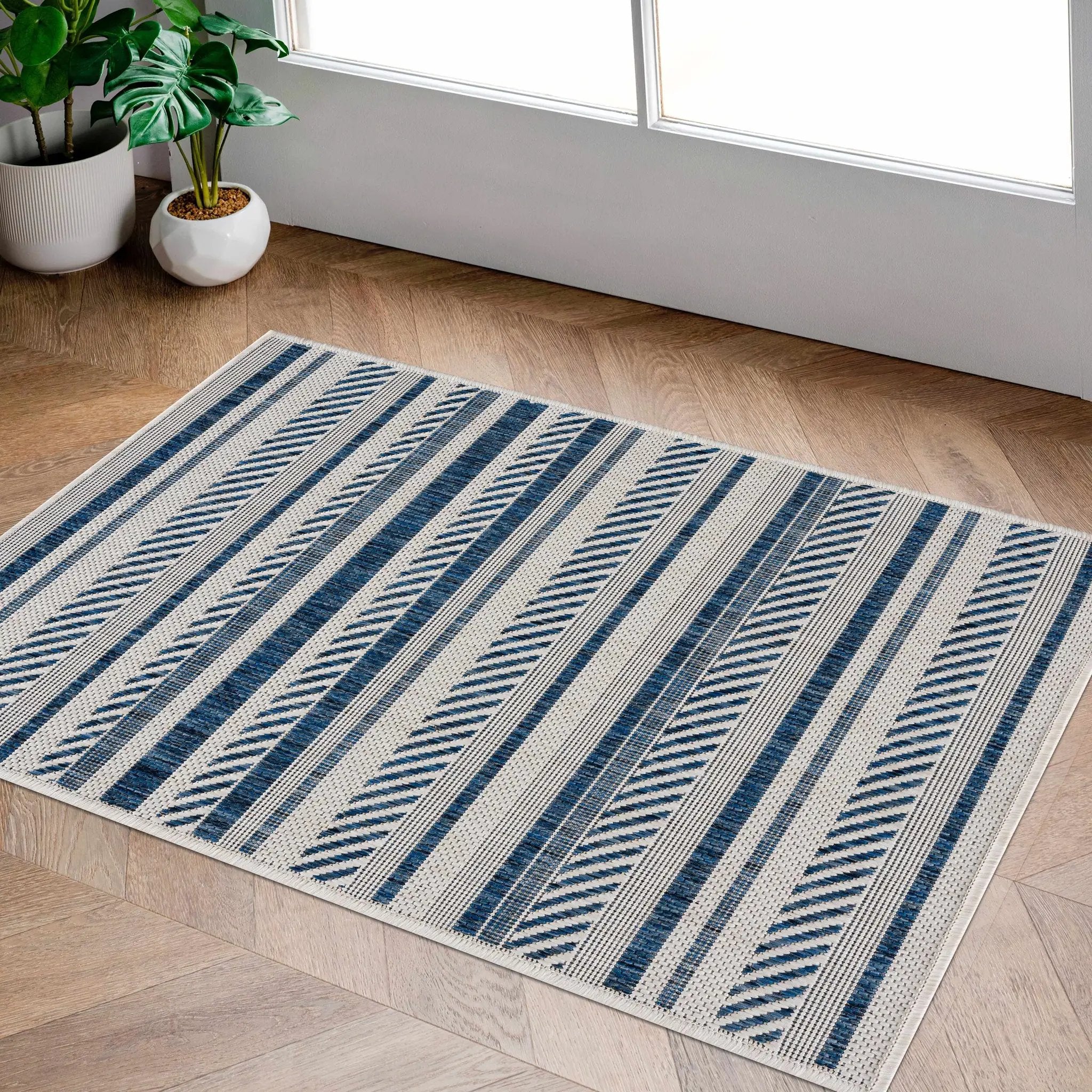 Olin White&Blue Striped Nordic Outdoor Rug by Boutique Rugs