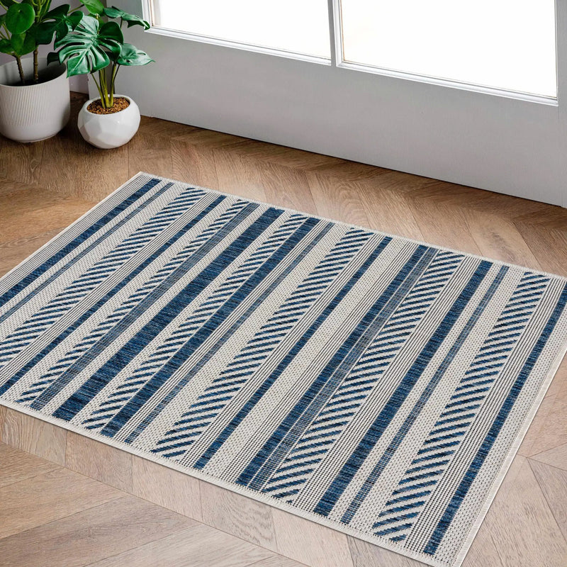 Olin White&Blue Striped Nordic Outdoor Rug by Boutique Rugs