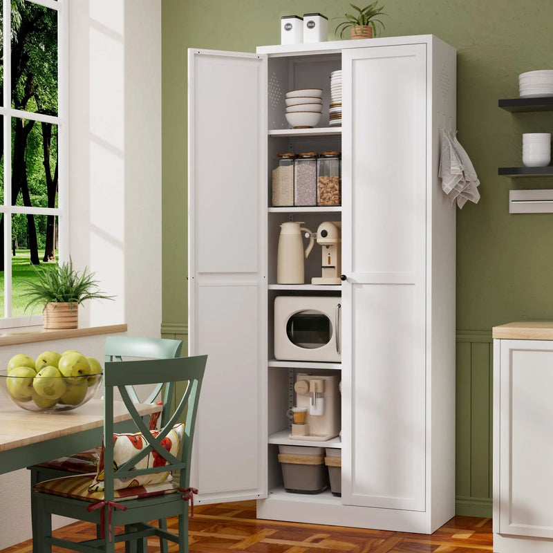 Kitchen Pantry Cabinet With Doors, Heavy-Duty Freestanding Storage Organizer With 5 Adjustable Shelves, Tool Free Assembly - White by Unique Piece Furniture