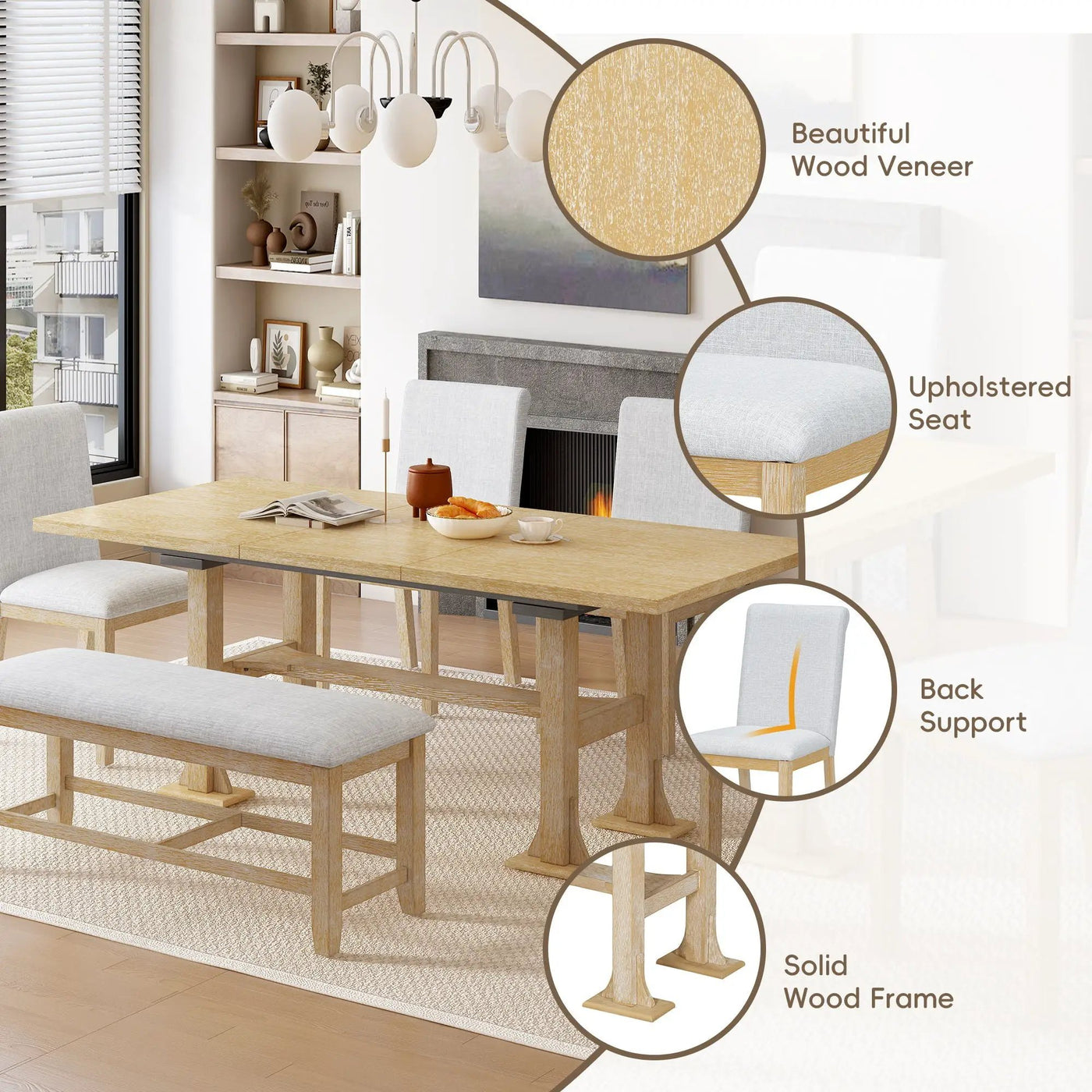 Topmax - 6 Piece Farmhouse Extendable Dining Table Set Trestle Kitchen Table Set With Removable Leaf And Upholstered Dining Chair And Bench For Dining Room by Unique Piece Furniture