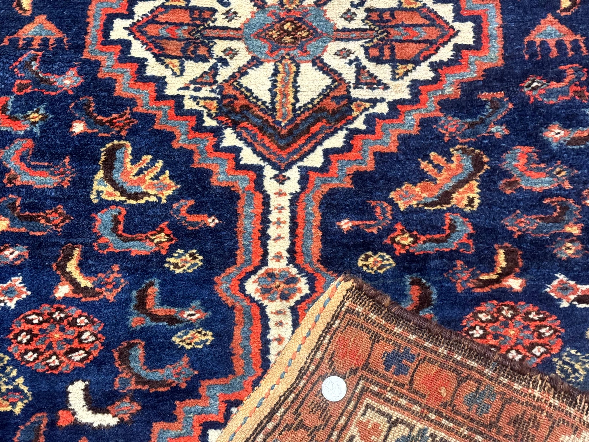 Antique Persian Hamadan Rug 4x6, Geometric, Double Medallions, Navy Blue, Tribal Carpet by Jewel Rugs