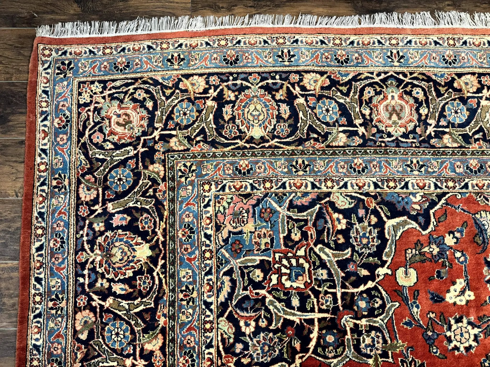 Red Persian Kashan Rug 10x14, Hand-Knotted Semi Antique Floral Medallion Handmade Wool Carpet, Red & Navy Blue by Jewel Rugs