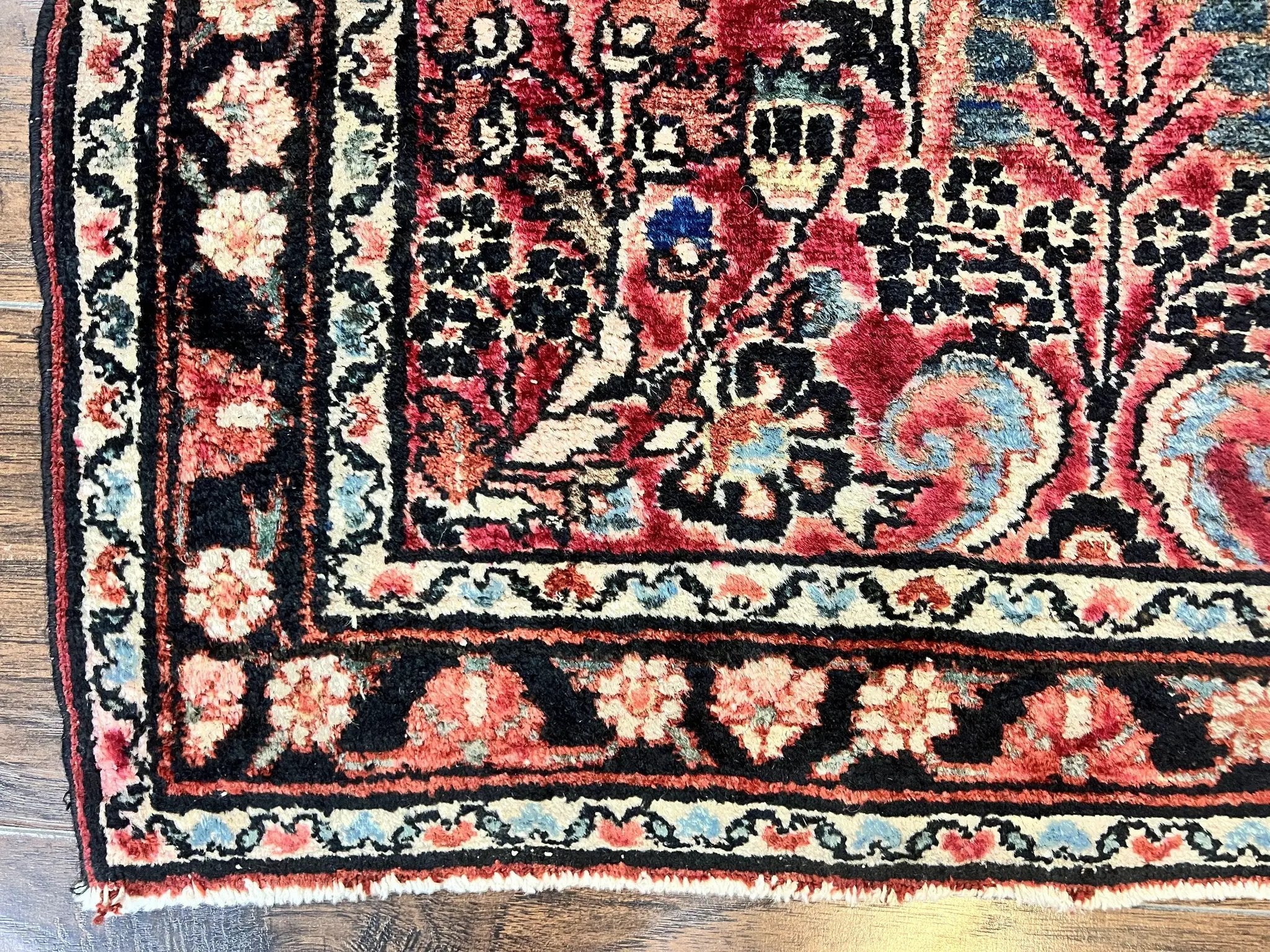 Small Antique Persian Rug 2.6 x 4, Red Floral Handmade 1920s Wool Rug, Persian Hamadan Lilian Rug by Jewel Rugs