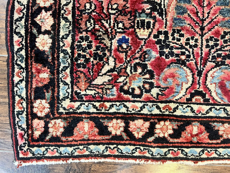 Small Antique Persian Rug 2.6 x 4, Red Floral Handmade 1920s Wool Rug, Persian Hamadan Lilian Rug by Jewel Rugs