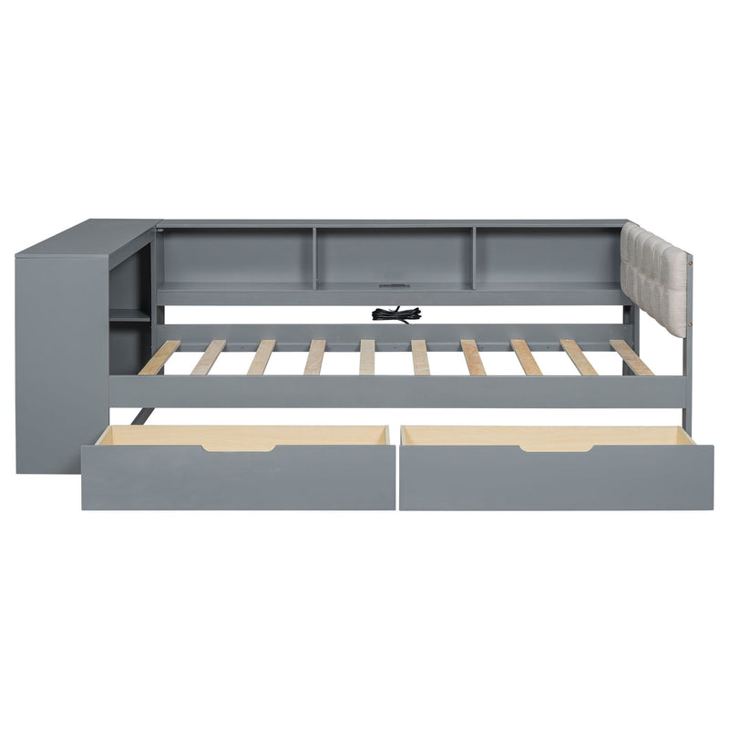 Upholstered Headboard Platform Bed With Storage Shelves, Drawers, Charging Station by HouseOfZazla