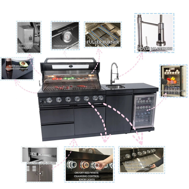 NG 85" 6-Burner 85,000 BTU Black Outdoor Kitchen Island Grill Refrigerator + Rotisserie Kit + Sink by Chery Industrial