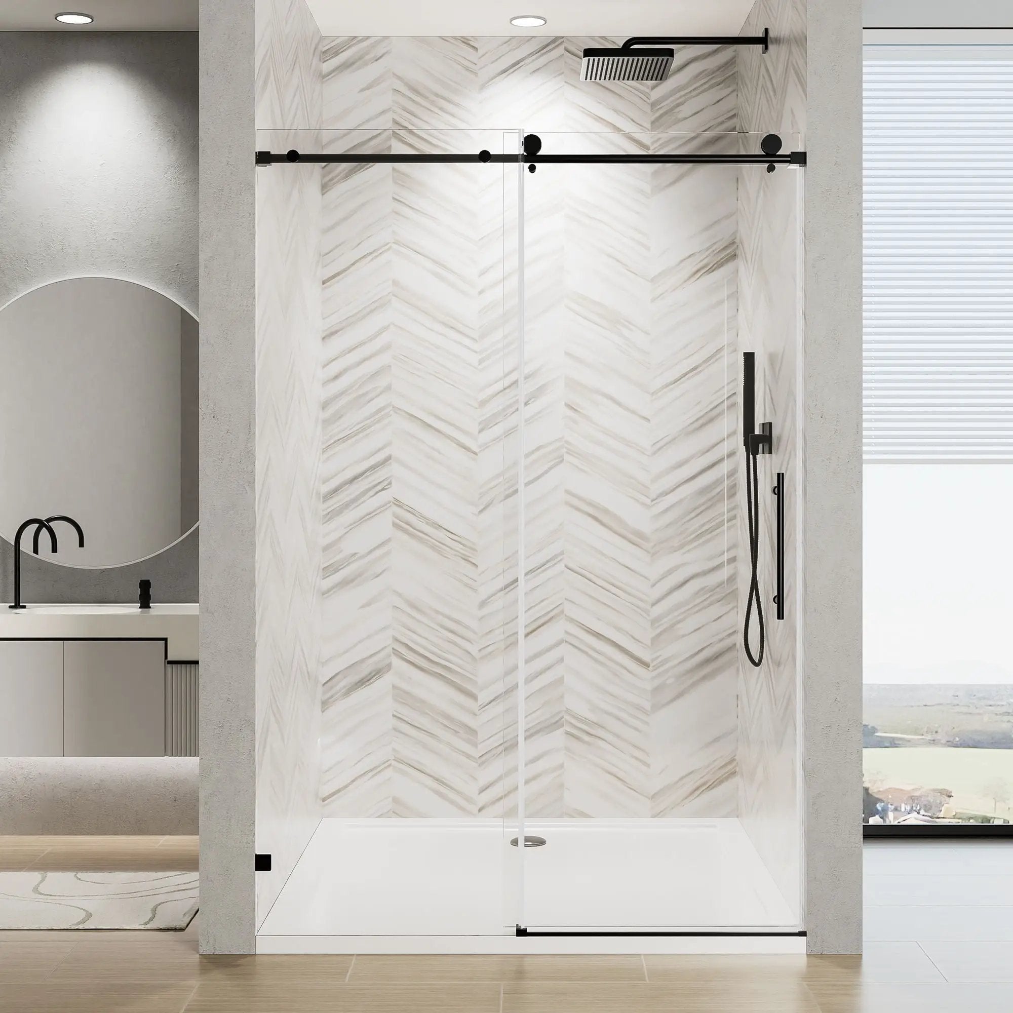 Frameless Single Sliding Soft Close Shower Door, 5 / 16" Clear Nano Coated Tempered Glass And 304 Stainless Steel Handle - Matte Black by HouseOfZazla