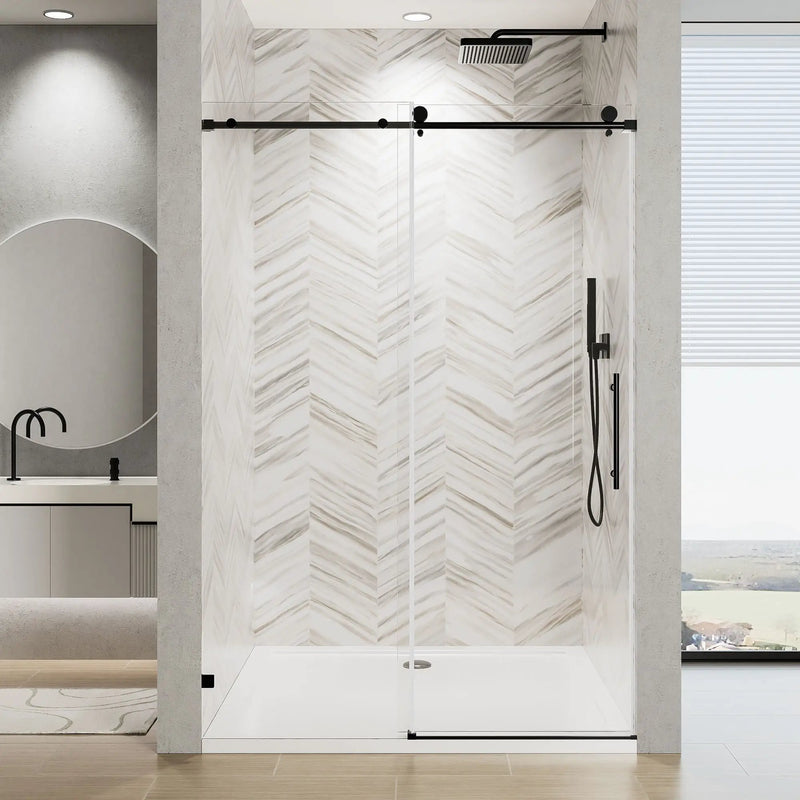 Frameless Single Sliding Soft Close Shower Door, 5 / 16" Clear Nano Coated Tempered Glass And 304 Stainless Steel Handle - Matte Black by HouseOfZazla