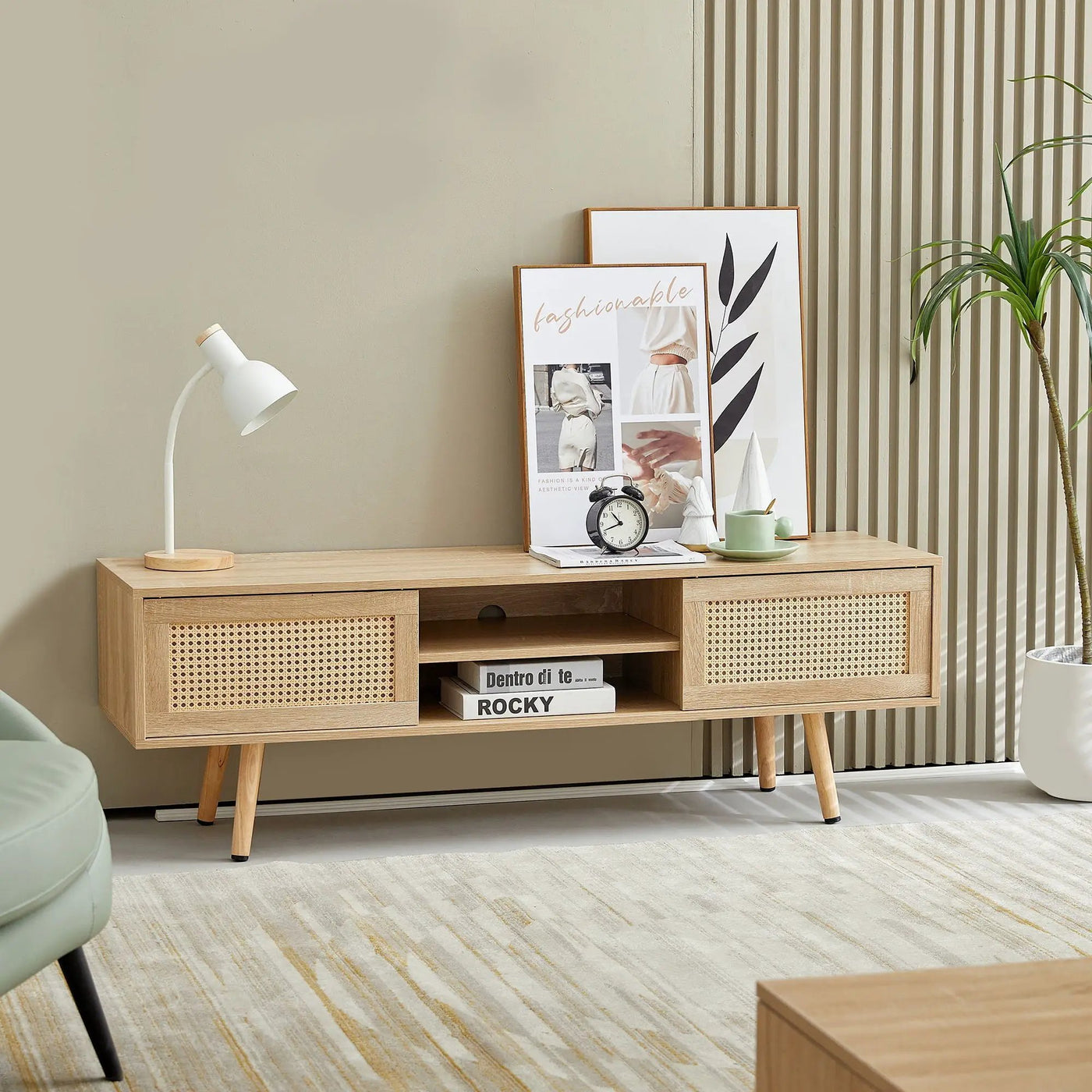 55.12" Rattan TV Cabinet, Double Sliding Doors For Storage, Adjustable Shelf, Solid Wood Legs, TV Console For Living Room by HouseOfZazla