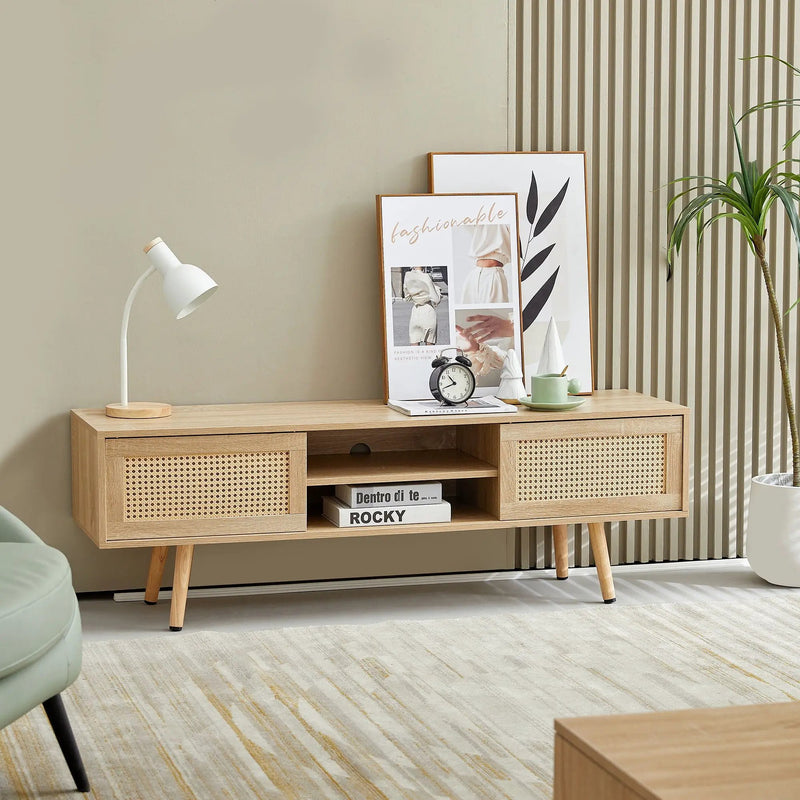 55.12" Rattan TV Cabinet, Double Sliding Doors For Storage, Adjustable Shelf, Solid Wood Legs, TV Console For Living Room by Unique Piece Furniture