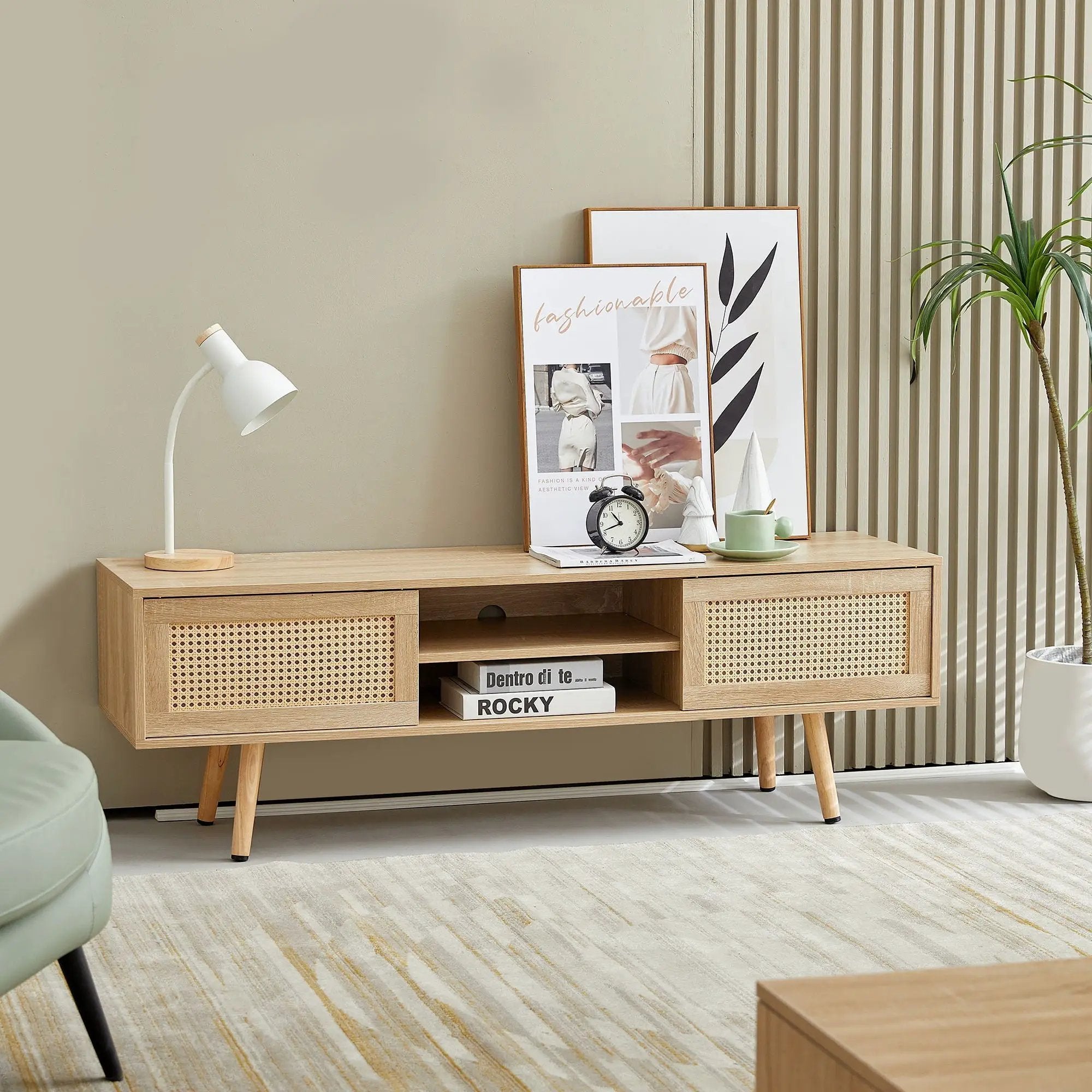55.12" Rattan TV Cabinet, Double Sliding Doors For Storage, Adjustable Shelf, Solid Wood Legs, TV Console For Living Room by HouseOfZazla