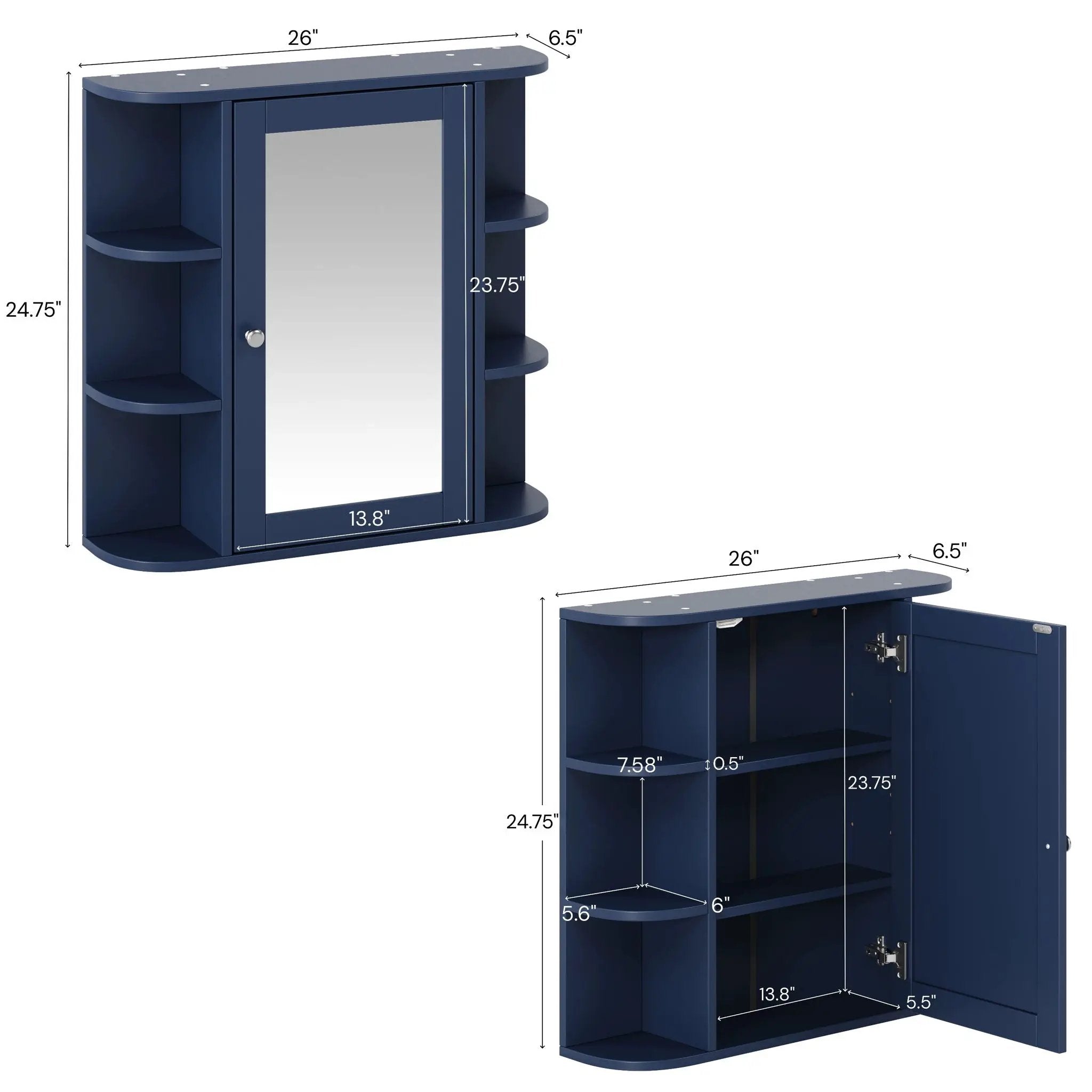 Bathroom Wall Storage Cabinet With Mirror And Adjustable Shelf, 6 Open Shelves by HouseOfZazla
