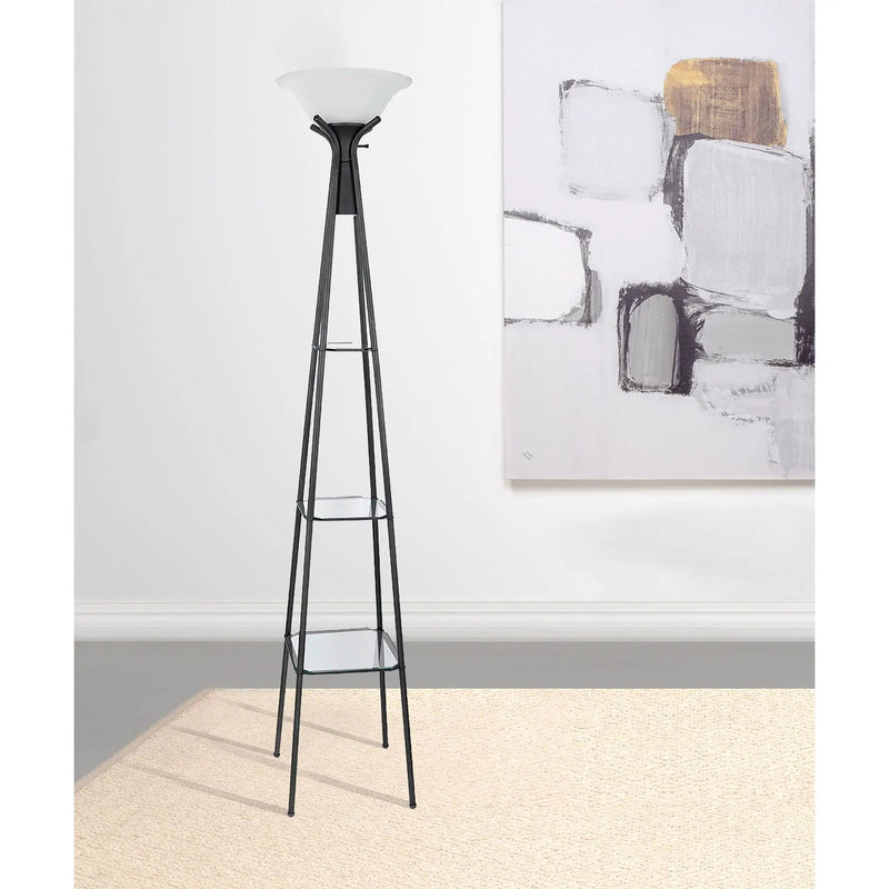 Sentinel - 3 Shelf Frosted Torchiere Floor Lamp With Shelves - Black by HouseOfZazla