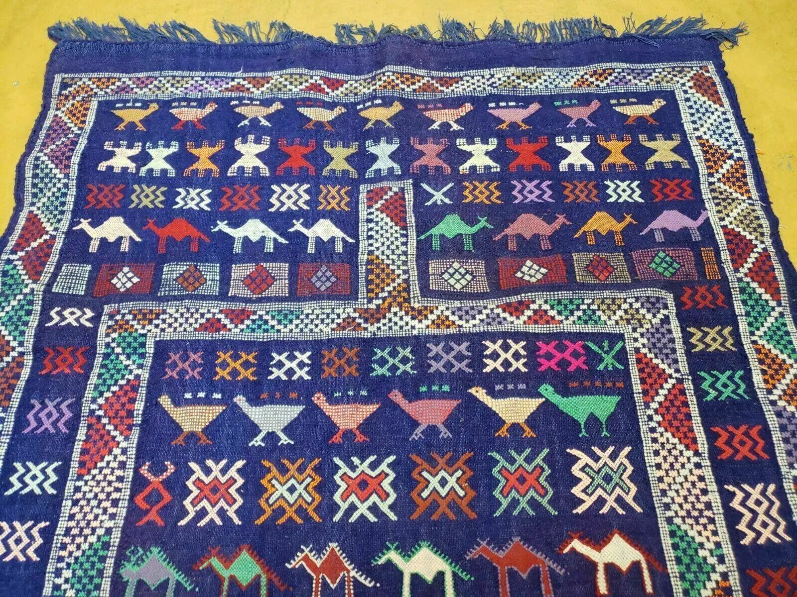 3' X 7' Vintage Handmade Indian Wool Kilim Flat weave Rug Camel Birds Blue Geometric Short Runner by Jewel Rugs
