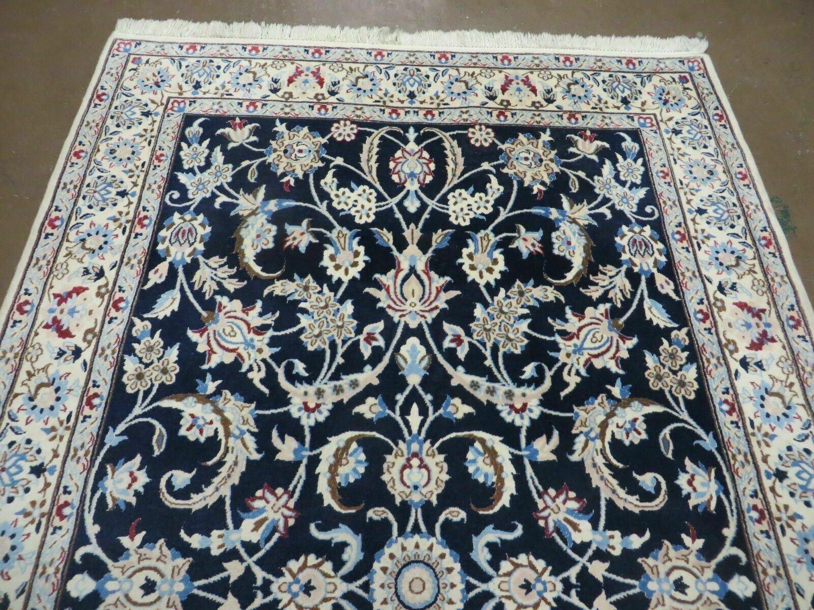 Persian Nain Rug 4x7, Navy Blue and Ivory, Handmade, Wool & Silk Highlights, Fine Oriental Rug, Vintage by Jewel Rugs