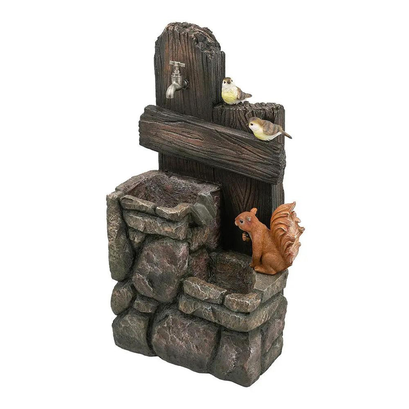 Decorative Two Tiered Water Fountain With Woodland Animal Design, Outdoor Fountain With Light And Pump - Multi by HouseOfZazla