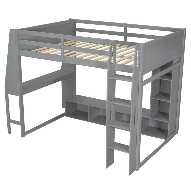 Gaming Loft Bed With Desk, Multi Storage Shelves, LED Lighting, And Hanging Clothes Rack by HouseOfZazla