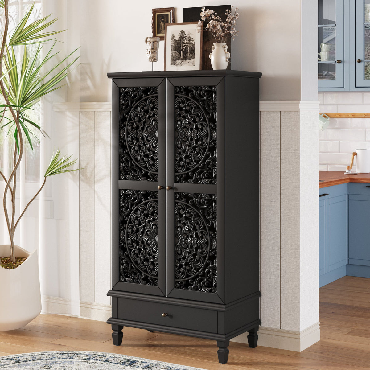 Rustic 55'' Tall Storage Cabinet with Drawer, Decorative 2-Door Carved Wood Accent Cabinet with Solid Wood Legs for Living Room, Hallway, Dining Room, photo 6 of 10