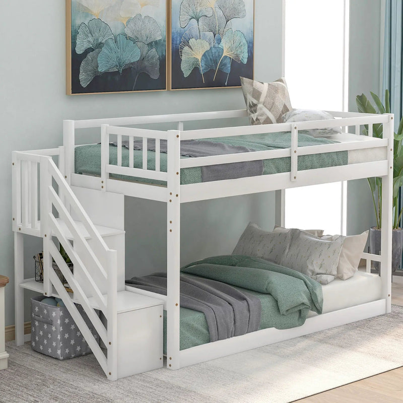Twin Over Twin Floor Bunk Bed, Ladder With Storage by Unique Piece Furniture
