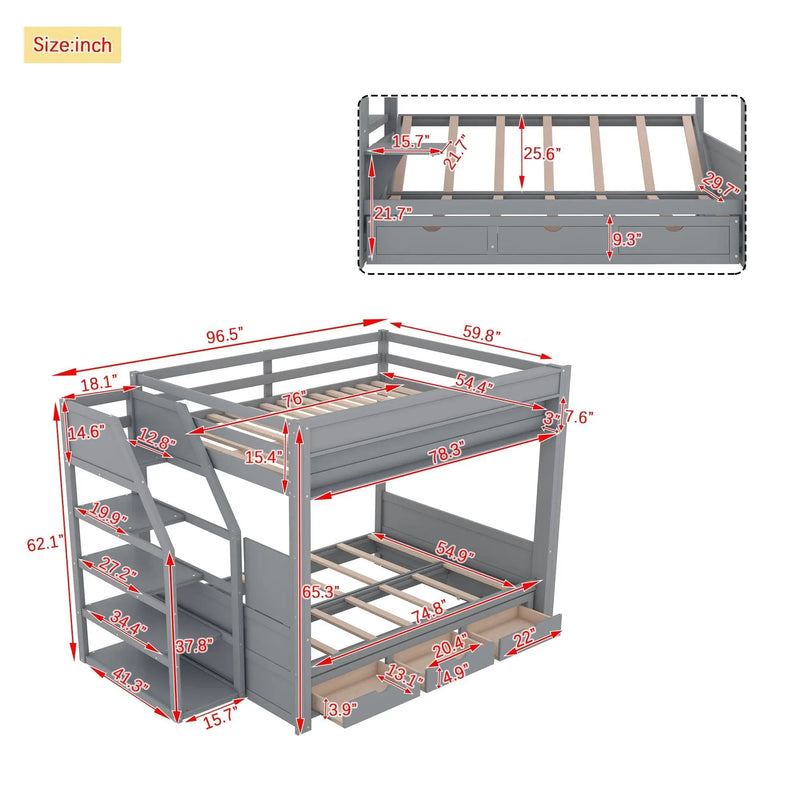 Wood Full Size Convertible Bunk Bed With Storage Staircase, Bedside Table, And 3 Drawers - Gray by HouseOfZazla