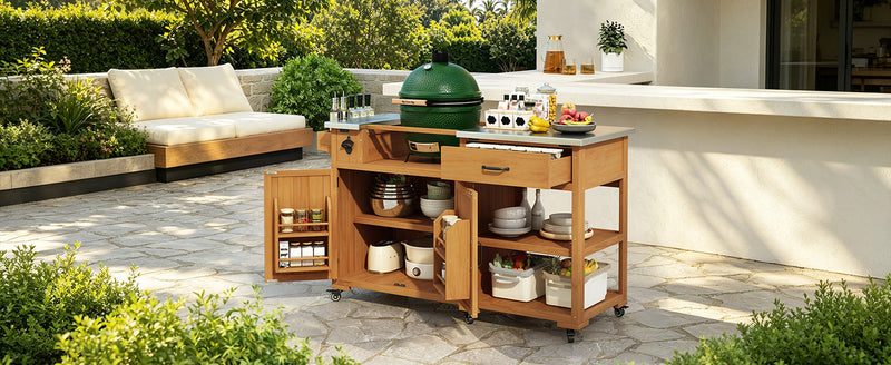 TOPMAX 55.4" Outdoor Solid Wood Kitchen Cart, Stainless Top Grill Cart, Kitchen Island with Spice Rack, Drawer, Adjustable Shelves and 4 Door Racks  for Patio, Deck, photo 3 of 10